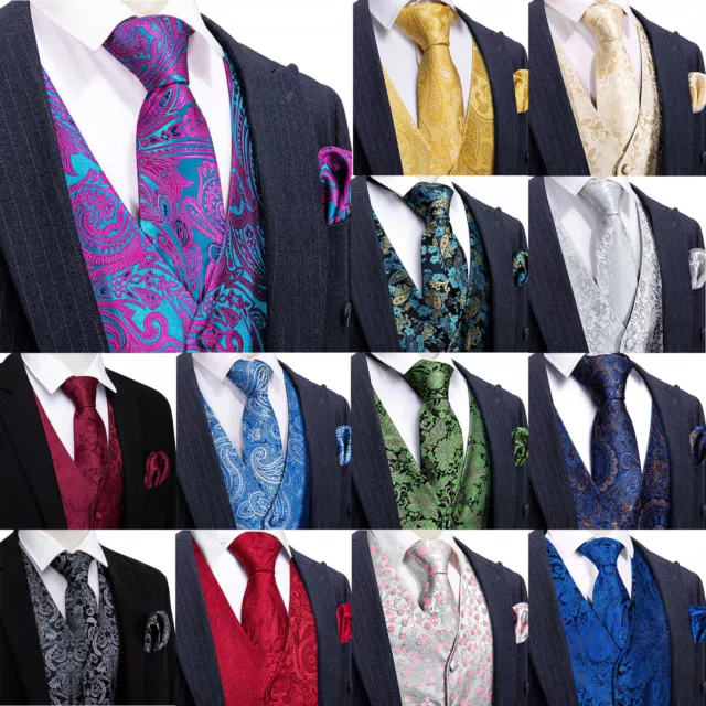 Mens Vest Suit Paisley Floral Waistcoat Blue Black Gold Silk Tie Set Jacket Coat