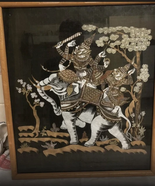 Thai Silk Ark 20th Century Picture Elephant Old Decor Picture Loft Find antique! Thai Silk Ark 20th Century Picture Elephant Old Decor Picture Loft Find antique!