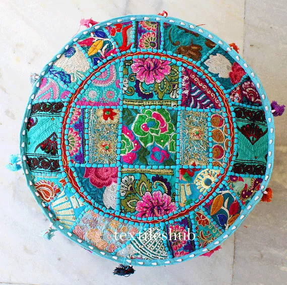 Indian Handmade Round Pouffe Cover Vintage Cotton Footstool Ottoman Patchwork