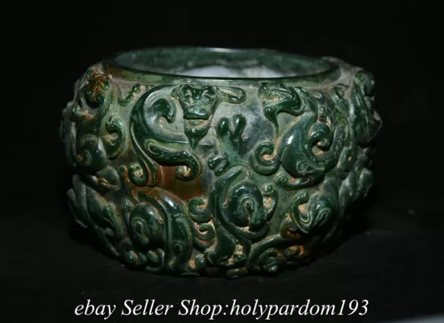 6.8" Old Chinese Green Jade Carving Dynasty Palace Dragon Beast Vessel Jar Pot