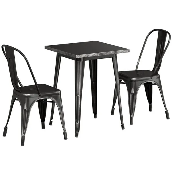 23.5'' Square Distressed Black Metal Restaurant Table Set with 2 Chairs
