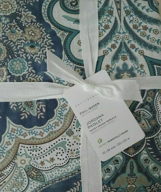NEW POTTERY BARN Jordana Paisley Full Queen Duvet Cover Blue NWT