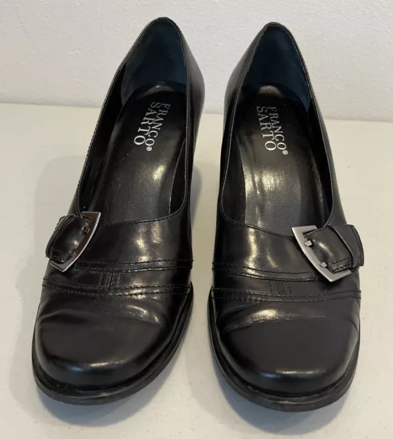 Franco Sarto Leather Black Wedge Block 2.5” Heel Dress Shoes Womens Sz 10 M EUC