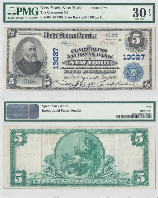 1902 $5 Clarement National Bank Of New York #13027 PMG Very Fine-30 EPQ