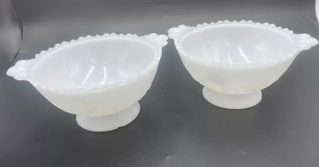 2 Jeannette Iris Milk Glass Floral Desin Open Candy Dish Bowl 3.25"×7.25"