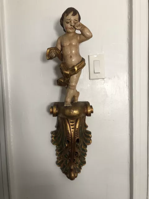 ANTIQUE LARGE 32”ITALIAN WOOD Carved ANGEL CHERUB PUTTO/gilt Shelf/hangs
