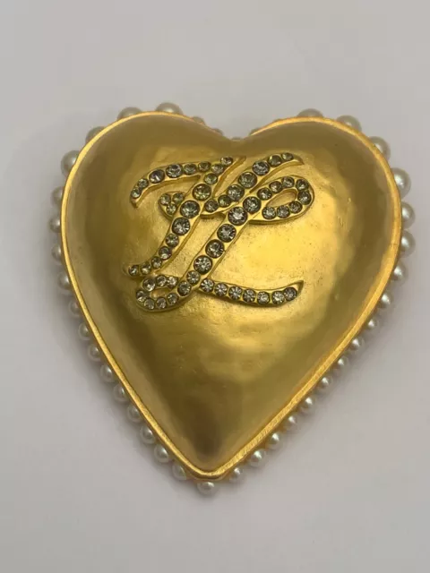 Karl Lagerfeld Logo Heart Large Brooch Faux Pearl Gold Tone Pin Signed