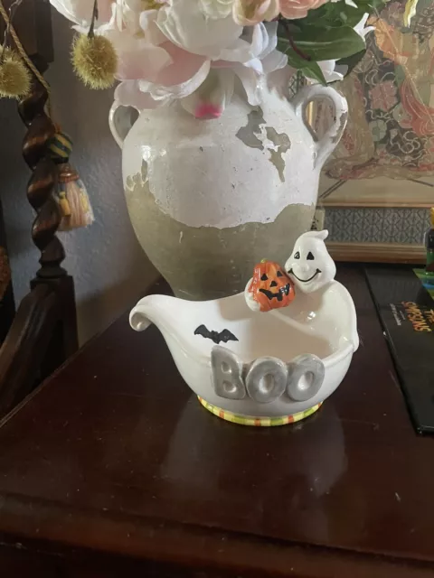 Fitz & Floyd 6” Classic Ghost with Pumpkin Halloween Boo Bowl Candy Dish NIB