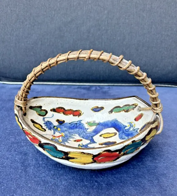 Antique Japanese Meiji kyoto satsuma dragon clouds porcelain basket with handle