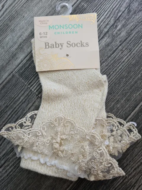 Bnwt Monsoon Children 6-12 Months Gold Frilly Baby Socks Baby Shower Gift Party