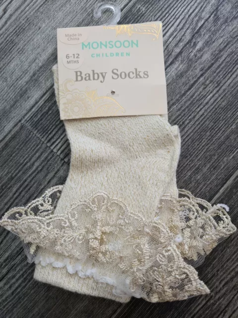 Bnwt Monsoon Children 6-12 Months Gold Frilly Baby Socks Baby Shower Gift Party