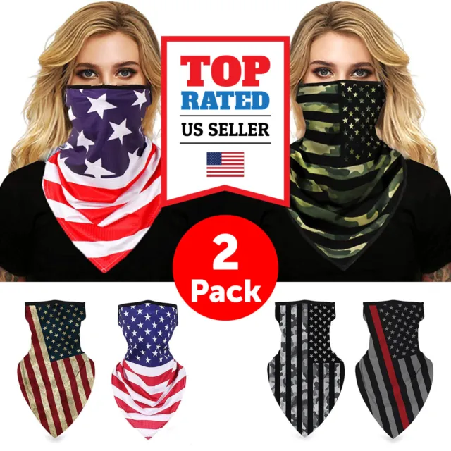 2 Pcs AmericanFlag Bandana Face Cover w/Ear Loop Mask Neck Gaiter Reusable Scarf