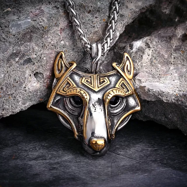 Collier pendentif  Tête de Loup Fenrir  en Acier Inoxydable Idéal Cadeaux  Cadea