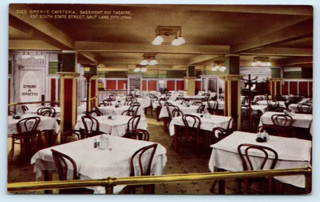 SALT LAKE CITY, UT Utah~ EMERY'S CAFETERIA- Rex Theatre c1910s Roadside Postcard