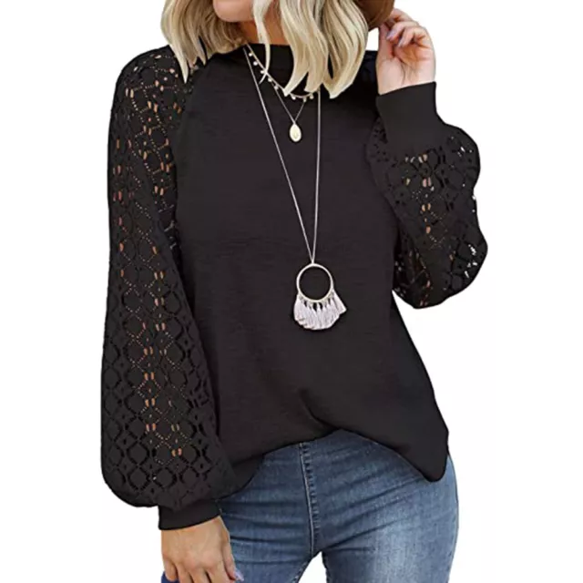 Women’s Long Balloon Sleeve Crew Neck Tops Lace Casual Loose Blouses T-Shirts