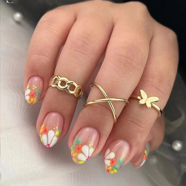 Colorful Flower Fake Nials Sparkling Green Press on Nails False Nails  Women