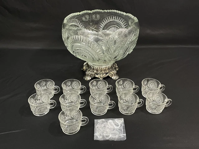 Vintage LE Smith Large Punch Bowl 11 Cups Stand Pinwheel Stars Pattern