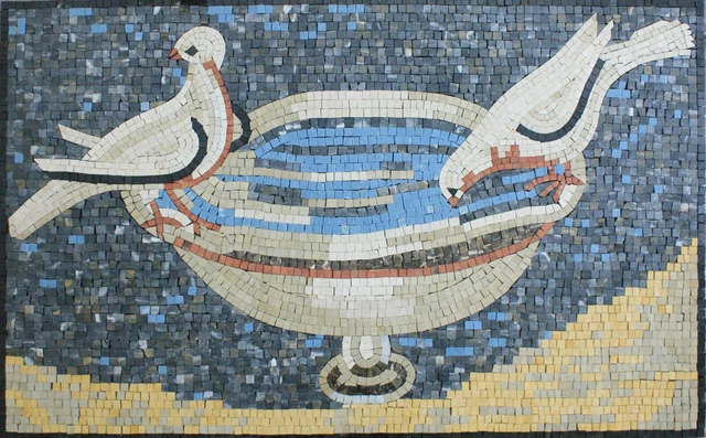 Mosaïque de marbre d'eau potable d'oiseaux de colombes blanches