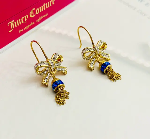 NWT Juicy Couture Gone Tone Sapphire Crystal Bow & Tassel Drop Earrings with Box