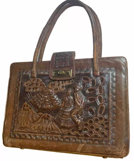 Vintage Mexico Hand Tooled Embossed Leather Handbag- Ships Fast