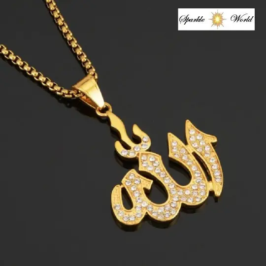 Women's Islamic ALLAH Gold Plated Pendant Chain Rhinestone Inlaid Necklace Gift