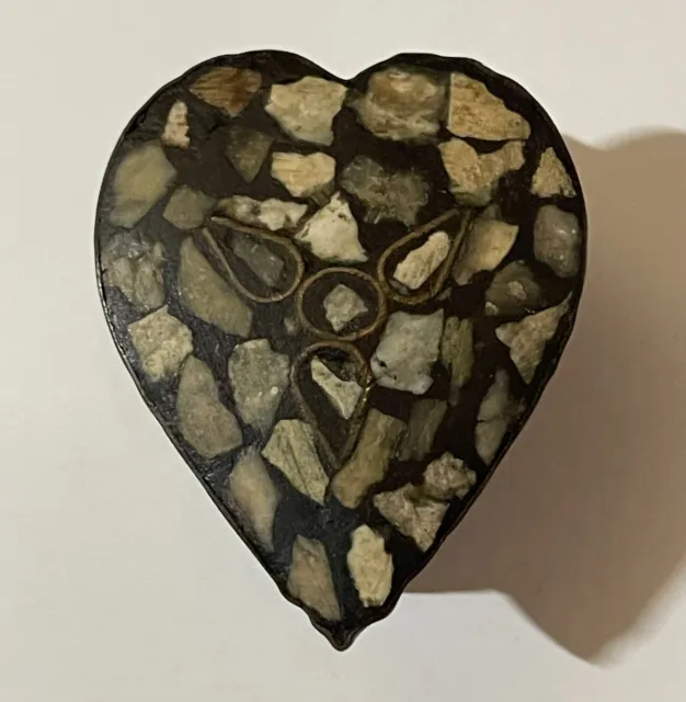 Vintage Brass, Heart-Shaped Enamel Trinket Box