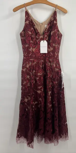 $288 Dress the Population Blair Lace Midi Dress Berry Nude Size Small NWT