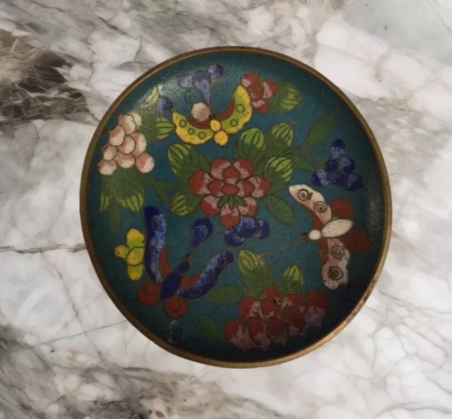 Chinese METAL PLATE, Hand-Painted Floral CLOISONNE Style ENAMEL TRINKET DISH Vtg