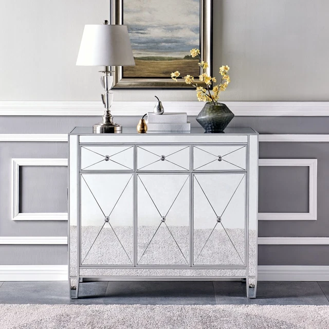 Homeroots Glamorous Mirrored Bling Three Door Accent Cabinet  MSRP $799.99