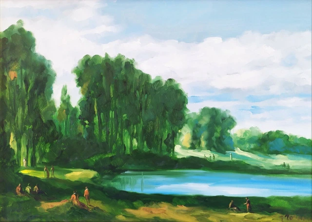 Paysage de Rome avec Jardins et Figures Scène de lac Peinture à Huile signée