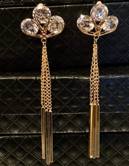 14k Gold Plated Long Tassel Earrings made w/ Swarovski Crystal Stone Beautiful