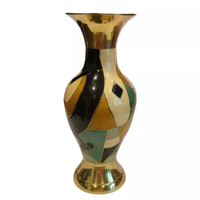Vintage 12" Brass & Enameled Abstract Vase  Hand Painted Muted Colorway Boho EUC