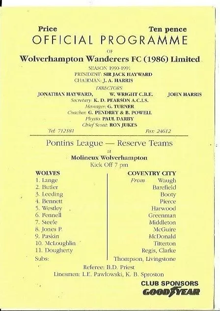 Wolves Reserves V Coventry City Reserves 12/09/1991 Central League   (D2)