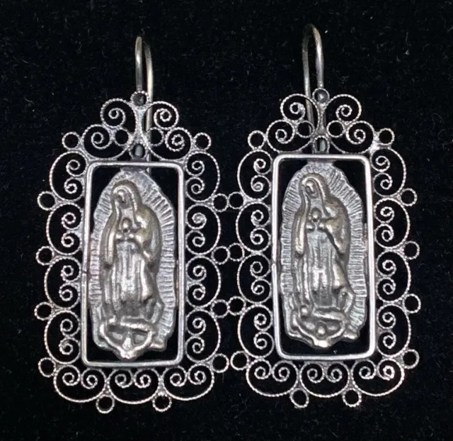 Mexican Oaxacan Sterling Silver VTG Style Filigree Virgin Of Guadalupe Earrings