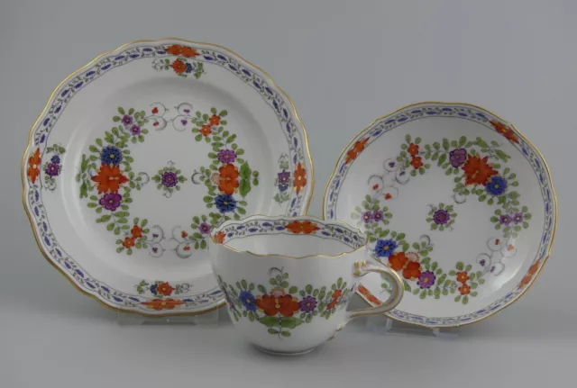 ⚔ Meissen 3tlg Kaffeegedeck Indische Blumenmalerei 451110 Tasse UT Teller