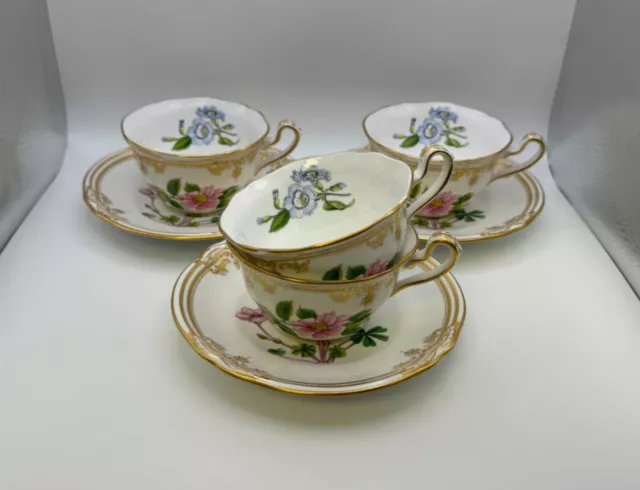 Spode Fine Bone China STAFFORD FLOWERS 4 Tea Cups & 3 Saucers Made in England