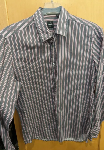 Hugo Boss Gray Pink Stripe  Sharp Fit Long Sleeve Button Shirt MENS SZ Medium
