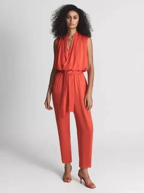 BNWT REISS ORANGE red silky Kali drape belted jumpsuit size 8 RRP