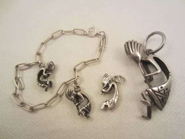 Hopi Indianer Kokopelli 925 Sterling Silber Anazasi 4 Figuren Anhänger Kette Alt 3