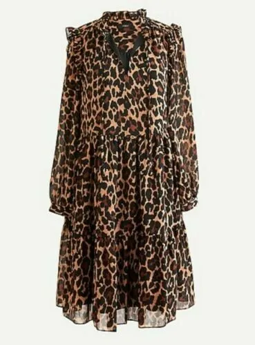 NWT J Crew Tie-Neck Tiered Dress in Leopard Crinkle Chiffon Brown Black XXS