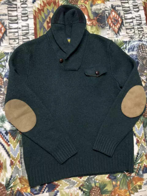 Polo Ralph Lauren Rugby Knit Sweater VTG Suede Elbow Patches Shawl Neck