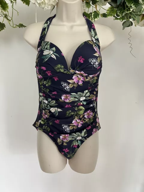 JOULES Jasmine Swimsuit Size 10 Navy Floral Padded Ruched Halterneck NEW OO28