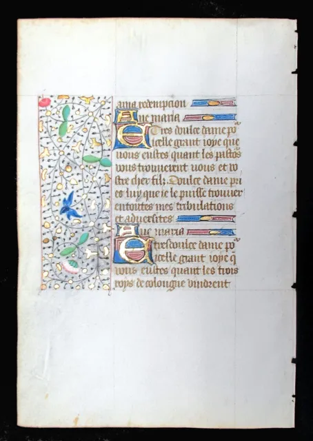 c1450-75 MEDIEVAL BOOK OF HOURS LEAF, IN FRENCH, ILLUMINATED BORDERS andINITIALS