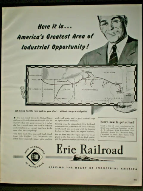 1949 ERIE RAILROAD JERSEY CITY TO CHICAGO MAP vintage RR Trade print ad