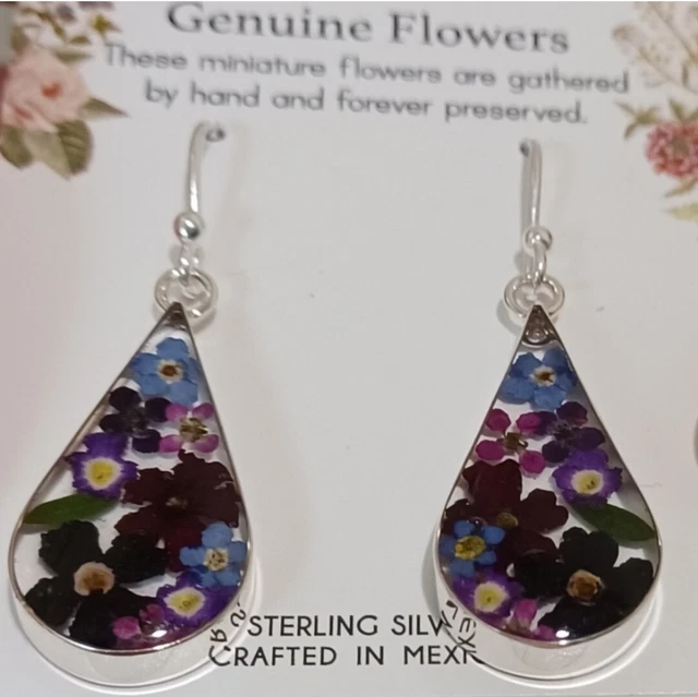 SEED SAGE Sterling Silver Genuine Flowers Cabachon Earrings NEW