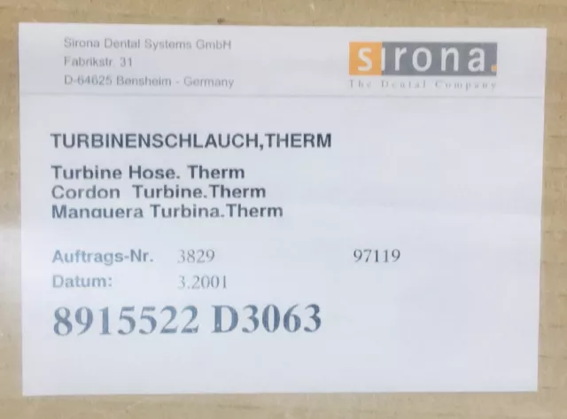 Siemens Sirona Turbinenschlauch 89 15 522 für  M1 / E  Motorschlauch NEU/OVP 3