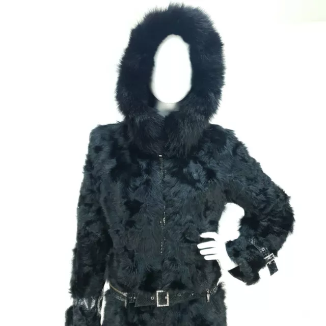 Premium Luxury Black 100% Genuine Real Fox & Beaver Fur Coat Hooded L 14 jacket