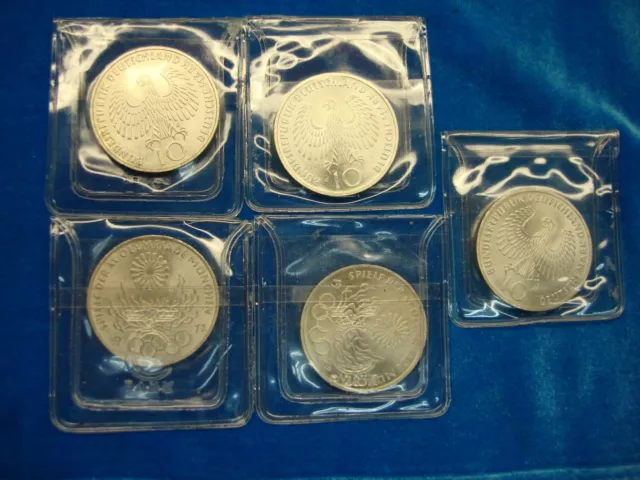 Germany 1972 Olympic 10 Deutschmark - Olympic Flame - Unc - 5 Coins/3 Diff. Mint