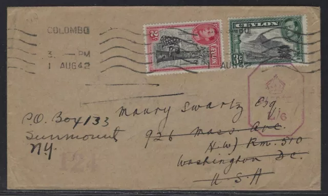 1942 Ceylon WWII Censored Cover - Colombo to Washington, DC to NY to VA