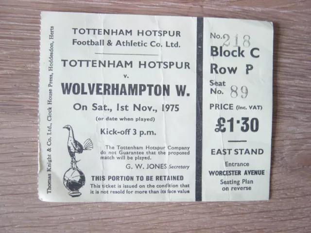 TICKET : 1975/76 TOTTENHAM HOTSPUR v WOLVES